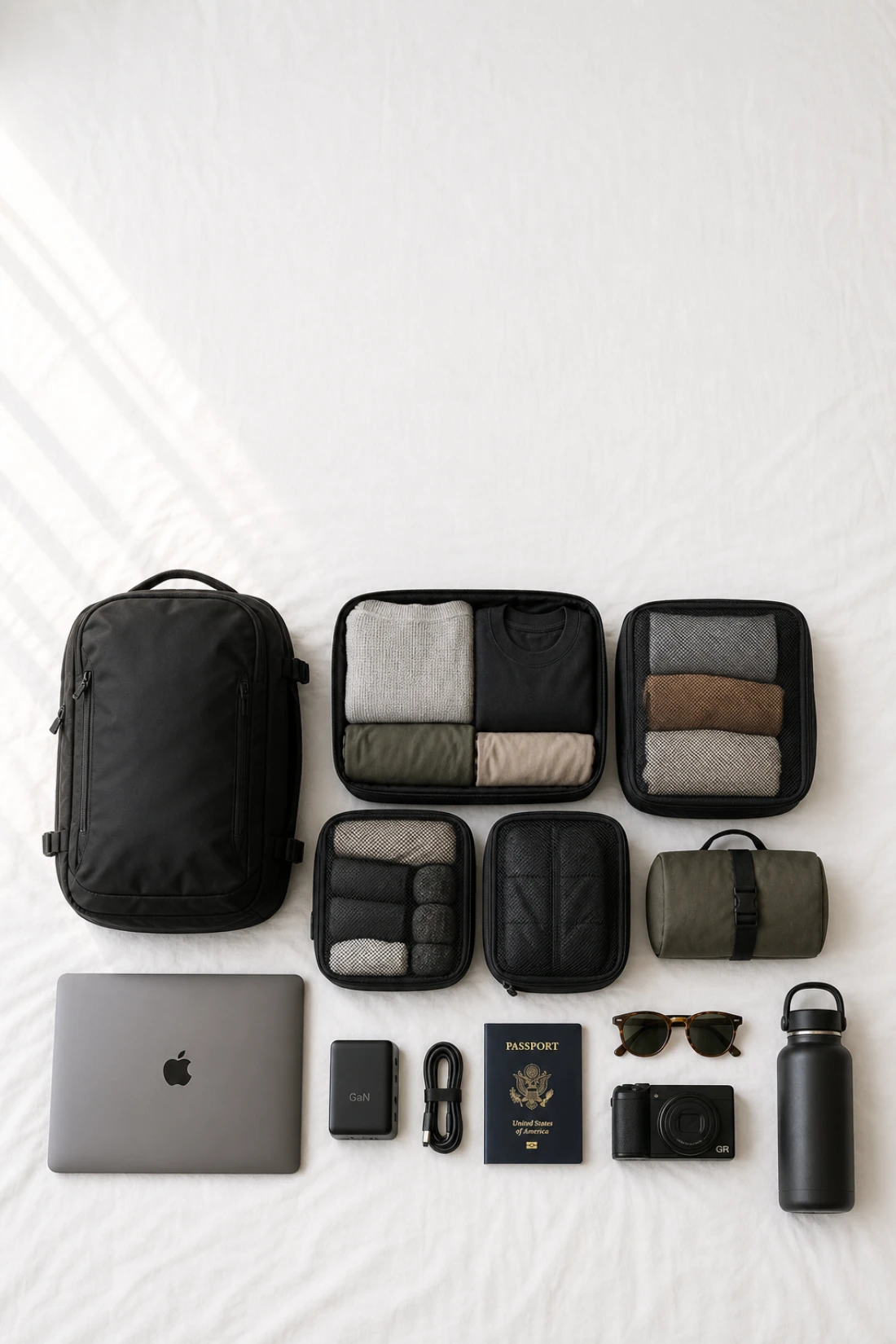 digital nomad packing list 2026 flat lay on bed with organized gear