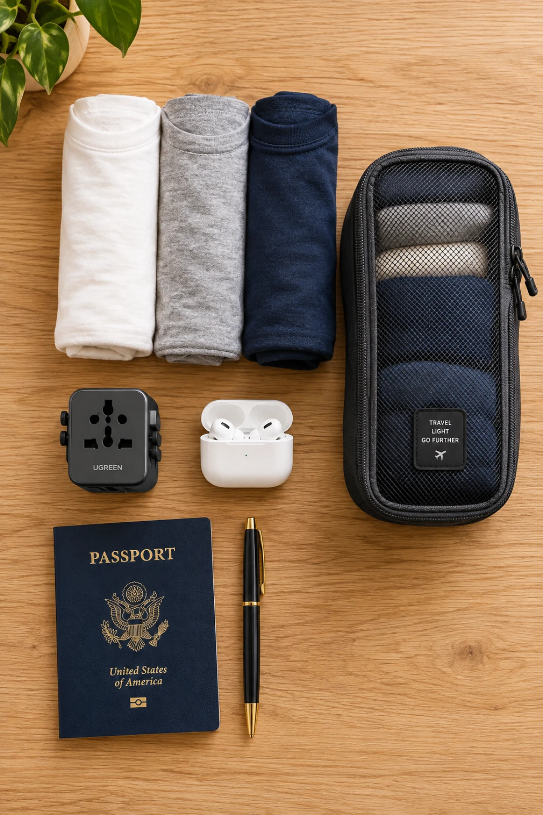 digital nomad packing list flat lay organized on hotel bed