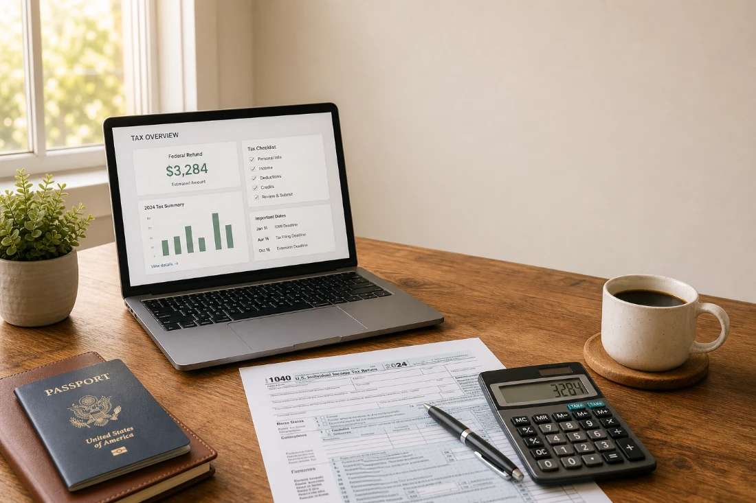 digital nomad taxes 2026 paperwork and laptop on wooden desk