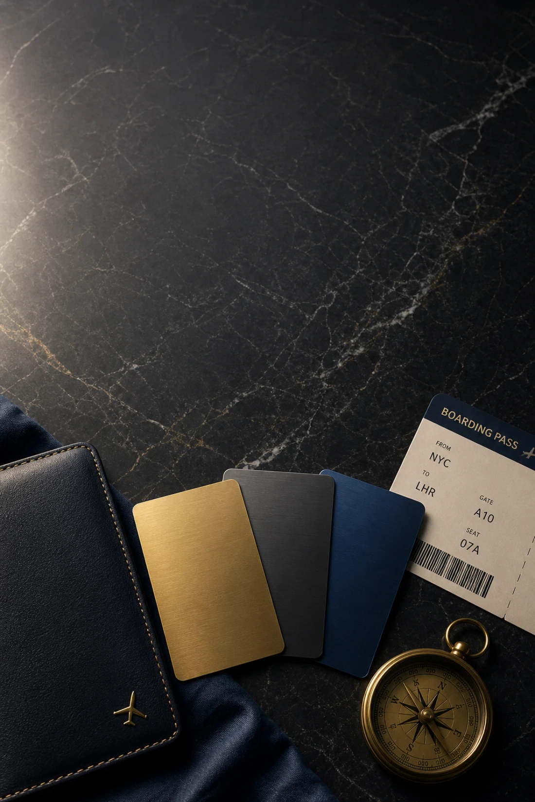 no foreign transaction fee credit cards flatlay on dark marble